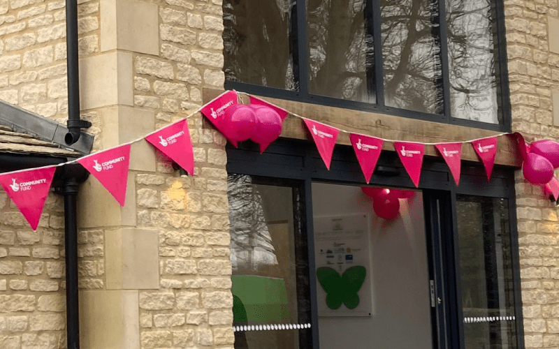Sherston Village Hall refurbishment - Outside with lottery bunting Sherston Village Hall refurbishment - Outside with lottery bunting