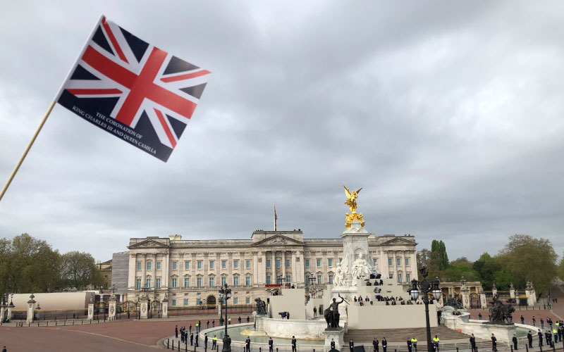 Union Jack flag over Buckingham Palace